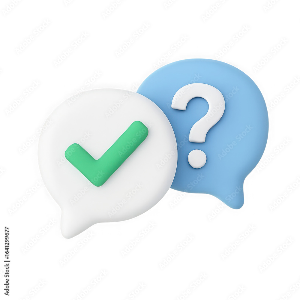 Poster two speech bubbles one with a green checkmark and the other with a white question mark 3d rendering 
