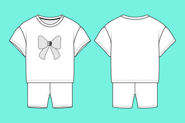 Naklejka premium Infant Toddler Baby Girls' Short Sleeve T-shirt with Pants Fashion Flat Sketch Vector Illustration Template Outline.