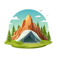 Camping tent nestled at base of mountain Cartoon summer adventure in nature background