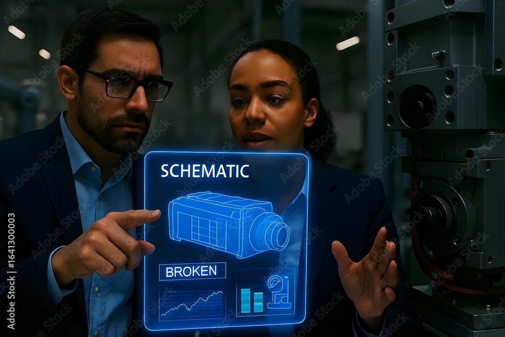 Poster engineers examining a schematic on a holographic display, indicating a potential issue or breakdown 