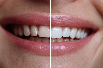 Woman smiling with split screen showing before and after teeth whitening. Dental care and aesthetic dentistry concept.