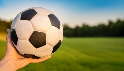 Fototapeta premium a hand holds a classic black and white soccer ball up to the camera with a blurred green field in the background