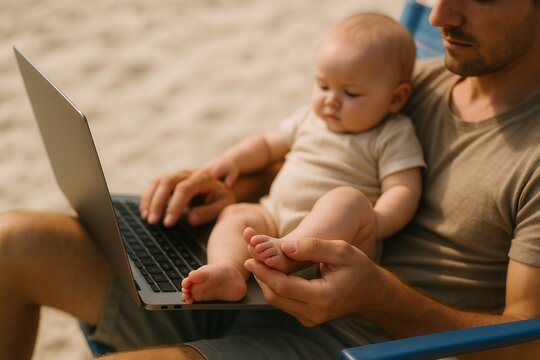Focused father working on laptop while holding baby at beach