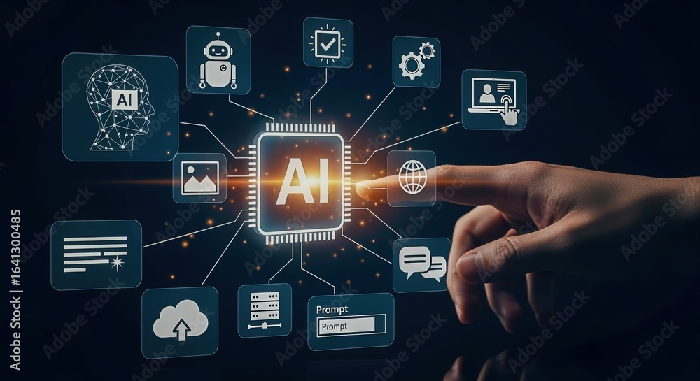 Poster artificial intelligence interface: hand interacting with ai technology icons on a digital touchscree