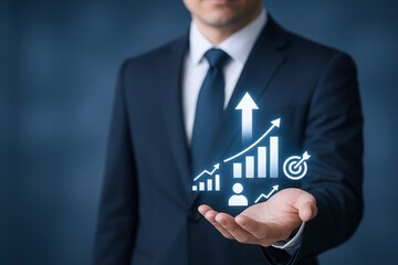 Business Growth Concept: Businessman Holding Positive Growth Chart, Representing Success, Goals, Achievement and Development