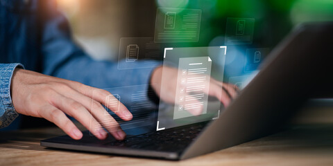 Auditor checking office documents ,accountant Audit documents ,quality assessment  With a checklist ,business document evaluation process ,quality assessment  With a checklist ,plan review process