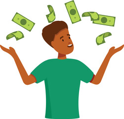 Young man throwing money in the air, celebrating financial success, wealth and abundance