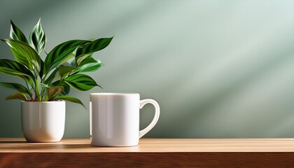 white mug with plant and wooden table
