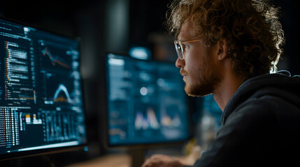 Man with glasses looking at multiple computer screens displaying code and data analysis graphs