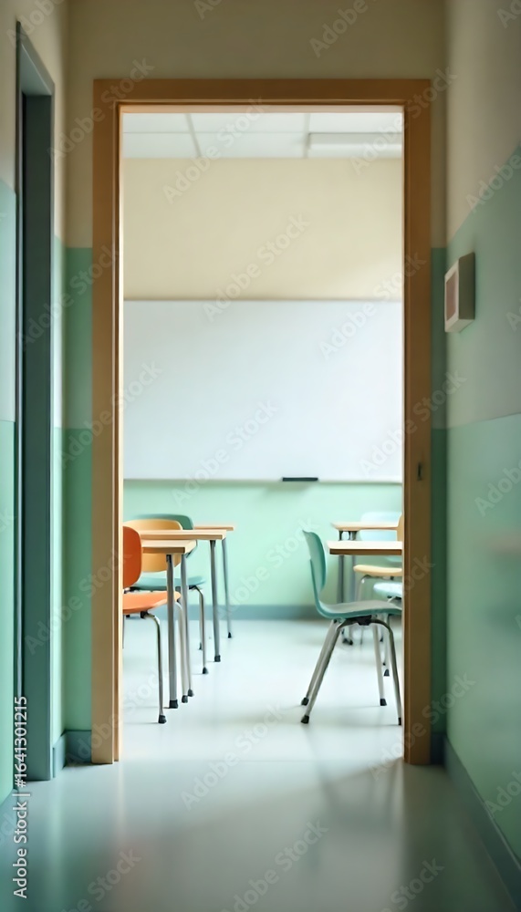 Poster generative ai: perspective of a school classroom through an open doorway showcasing desks and