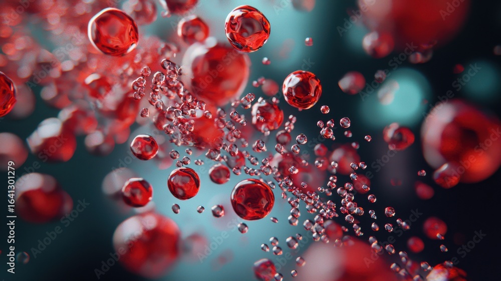 Poster abstract red blood cells flowing through a dark background with smaller particles. concept of micros