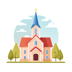 Cartoon church building with a steeple, cross, trees, and cloudy sky illustration.
