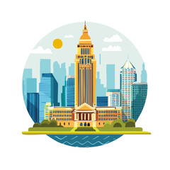 City skyline with tall buildings, waterfront, and sky in graphic illustration