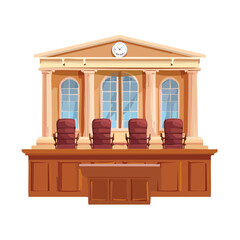 Illustration of courthouse interior with chairs, desks, and classical architecture elements against a black background, law and justice concept