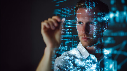 Man interacting with holographic code display in a dark room with a serious expression on his face