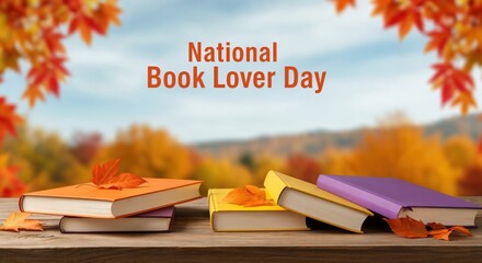National Book Lover Day. Colorful books on a wooden table with autumn leaves against a fall landscape background.