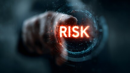 Businessman pointing at glowing "RISK" text on futuristic digital interface, concept of risk management, cybersecurity, and business decision-making.
