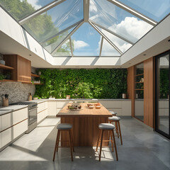 A kitchen with a living wall of herbs and vegetables, and a roof made entirely of glass that opens to the sky