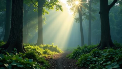 Obraz premium Misty forest clearing, soft morning light filters through canopy, leaves, mist, peaceful