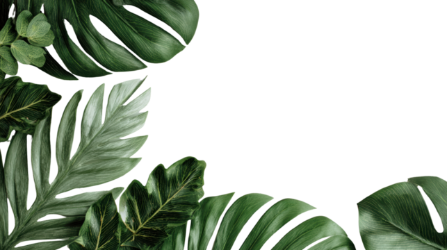 Lush green leaves frame the image on a transparent background, perfect for a tropical or natural design.