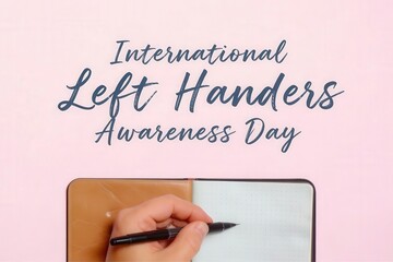 International left handers day notebook writing on pink background