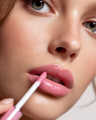 Naklejka premium Closeup of a young woman applying soft pink lipstick dewy complexion subtle eye makeup isolated on a clean white background cosmetic concept