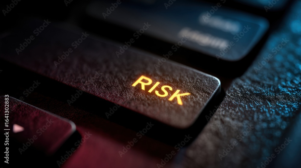 Poster illuminated computer keyboard key displays the word risk in bright yellow glow. concept of warning, 