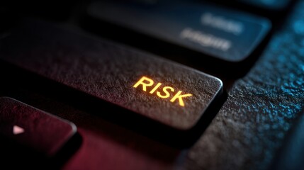 Illuminated computer keyboard key displays the word risk in bright yellow glow. Concept of warning, challenge, danger, or opportunity for business decision.