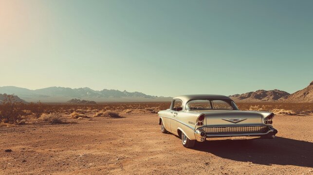 American retro car background. Classic vintage luxury auto on beautiful nature landscape