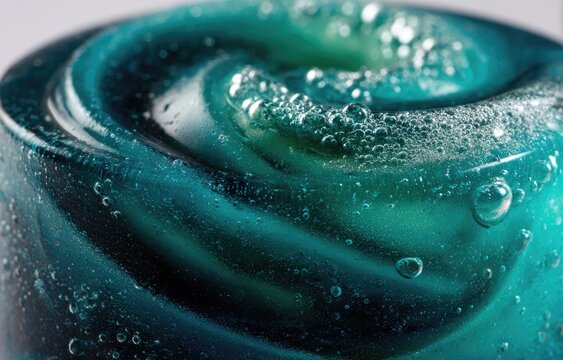 Teal swirl candy with bubbles. Close-up view of a teal-colored, twisted confectionery with soap-like bubbles