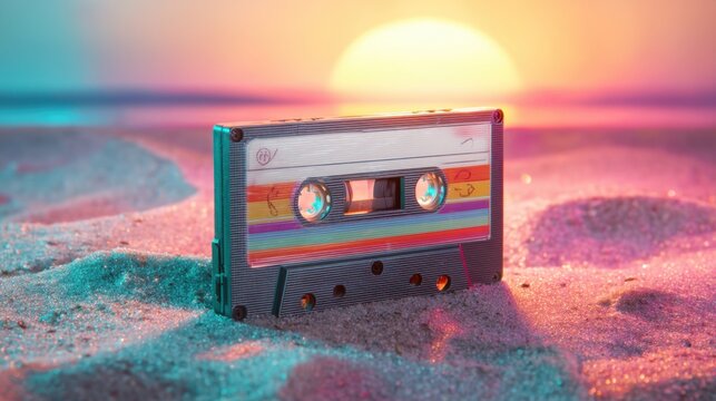 Retro classic audio cassette on sparkling sand at sunset. Nostalgic vintage sound storage media with rainbow stripes for music and memories. - Powered by Adobe