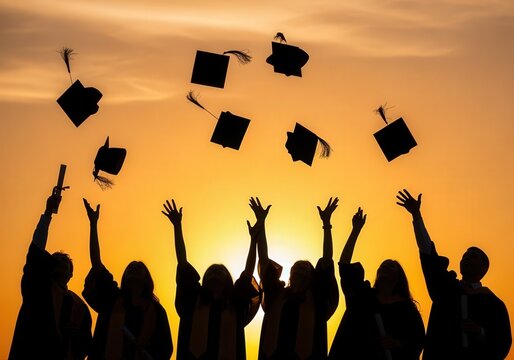 Graduates tossing caps in celebration at sunset silhouette