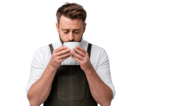 Man enjoying a warm beverage, closed eyes, calm expression, white isolated background.