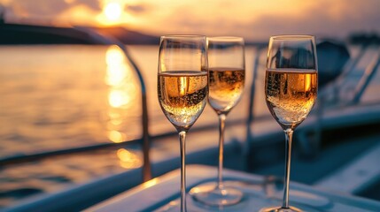 Elegant champagne glasses on a deck at sunset, capturing the serene beauty of leisure time by the water with vibrant reflections of twilight
