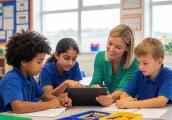 Teacher engaging multiracial students with tablet in classroom learning