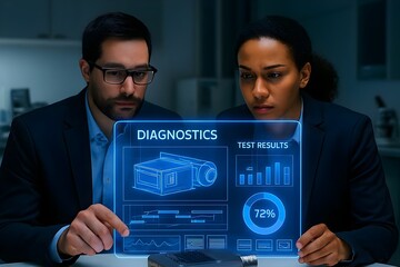 Two engineers are analyzing diagnostics and test results on a futuristic transparent screen, collaborating on a project in a hightech research and development lab