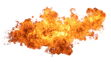 Realistic fire explosion, bright orange flames with smoke on black background.