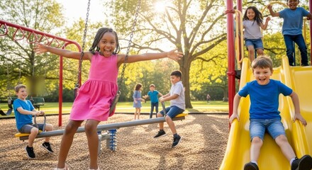 A vibrant and diverse group of smiling children enjoying a sunlit day at the park playground, filled with laughter, slides, and swings.