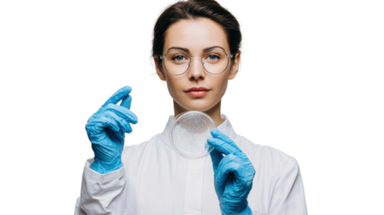 Scientist in lab coat holding petri dish, wearing glasses and blue gloves, white isolate background.