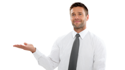 Smiling businessman in a formal shirt and tie, presenting with an open hand against a white background.