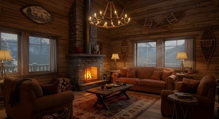 3D illustration of a cozy mountain cabin interior with warm lighting
