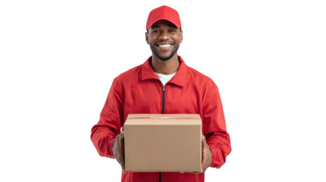 Smiling delivery man in red uniform holding cardboard box, white isolate background.