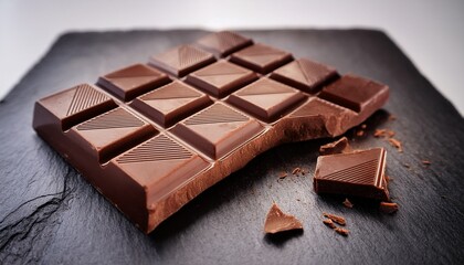a partially broken chocolate bar rests on a stone slab displaying its smooth texture and rich color concept indulgence sweetness and luxury