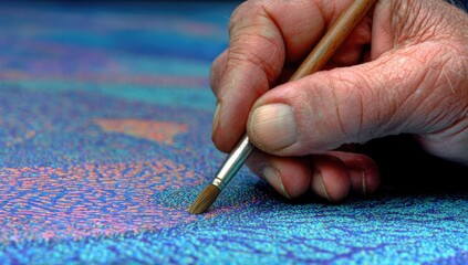 Aged hand with paintbrush, applying color to textured artwork