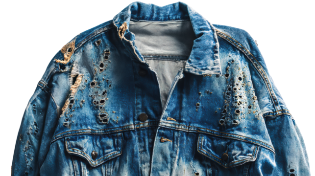 Stylish distressed denim jacket with unique rips and faded blue color, perfect for a casual outfit.