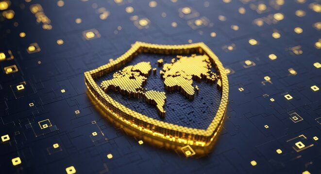 Golden world map on shield for cybersecurity data protection - Powered by Adobe
