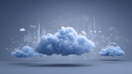 A conceptual representation of cloud computing with data lines and cloud shapes on a gray background