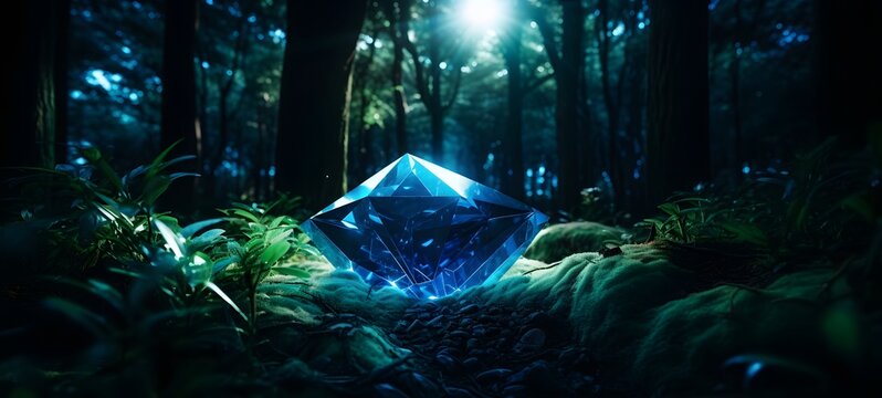 The black background contrasts sharply with the bright blue diamonds light emitted by forest ,generative AI