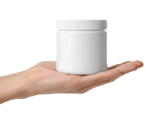Hand holding a blank white plastic jar. Cosmetic cream or pills supplement container. Isolated on transparent background, png