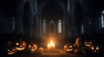 Spooky Halloween pumpkins and candles in a dark, old Gothic church. Eerie Jack-o'-lanterns illuminating a mysterious cathedral interior at night.